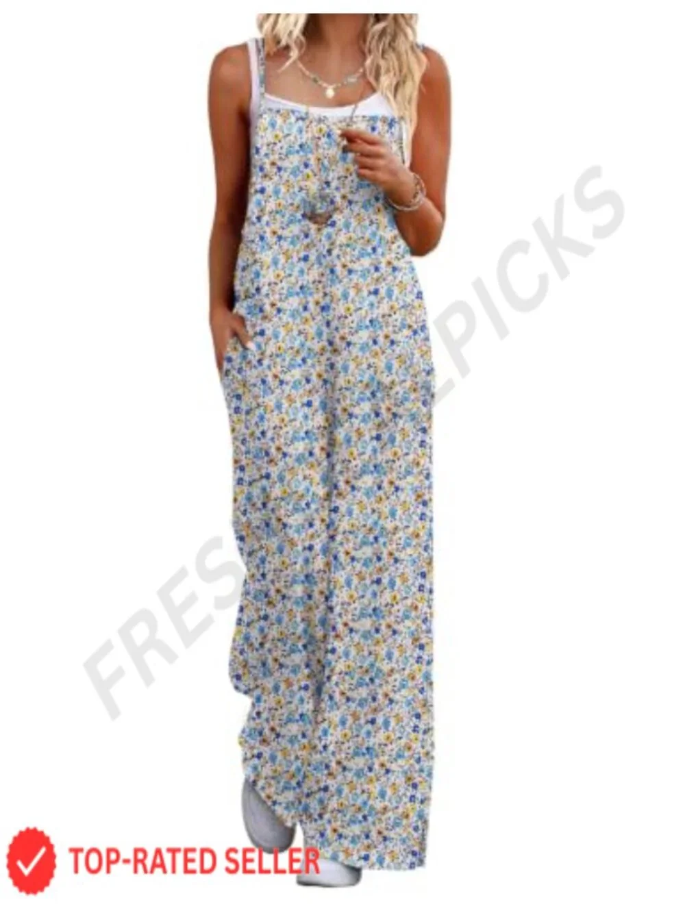 Floral Boho Jumpsuit for Women Wide Leg Summer Sleeveless Romper with Pockets